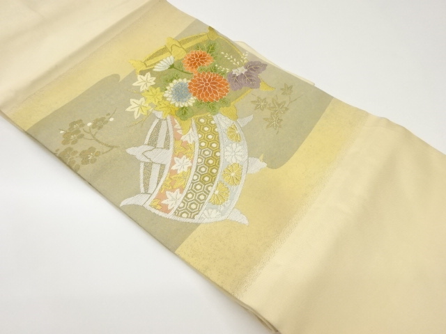 引箔糸巻きに菊・桐・紅葉模様織出し名古屋帯